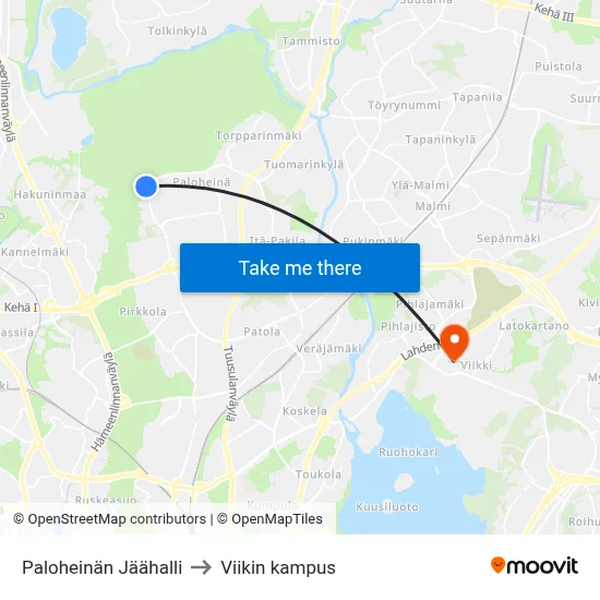 Paloheinän Jäähalli to Viikin kampus map