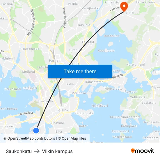 Saukonkatu to Viikin kampus map