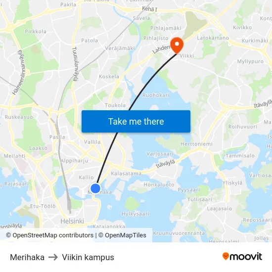 Merihaka to Viikin kampus map