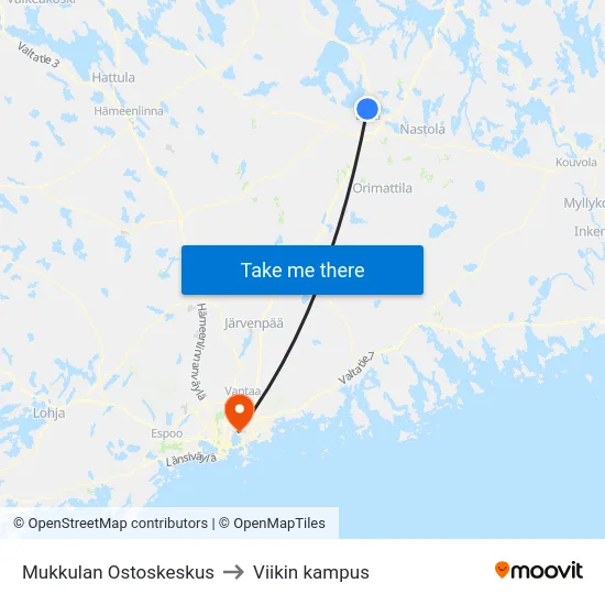 Mukkulan Ostoskeskus to Viikin kampus map