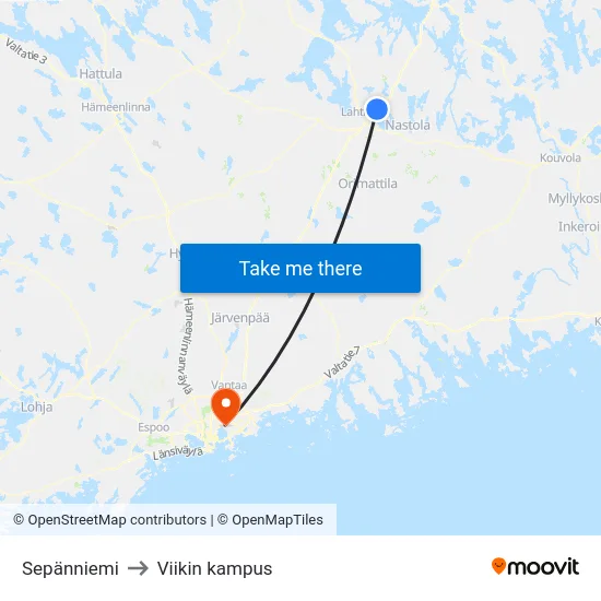 Sepänniemi to Viikin kampus map