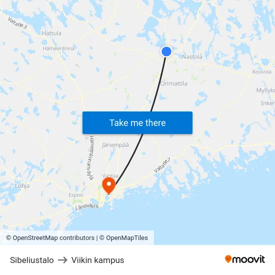 Sibeliustalo to Viikin kampus map