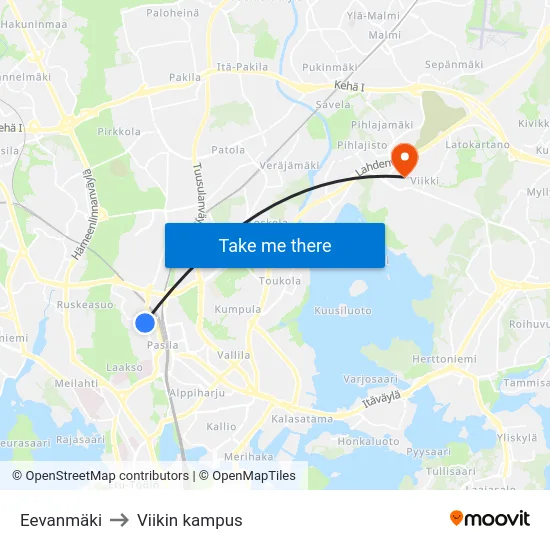 Eevanmäki to Viikin kampus map