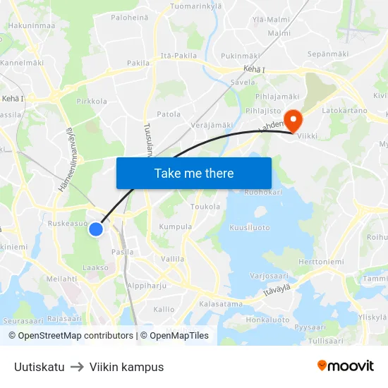 Uutiskatu to Viikin kampus map