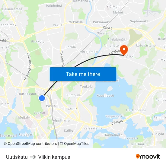 Uutiskatu to Viikin kampus map