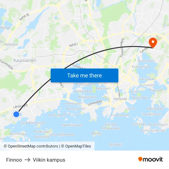 Finnoo to Viikin kampus map