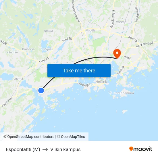 Espoonlahti (M) to Viikin kampus map