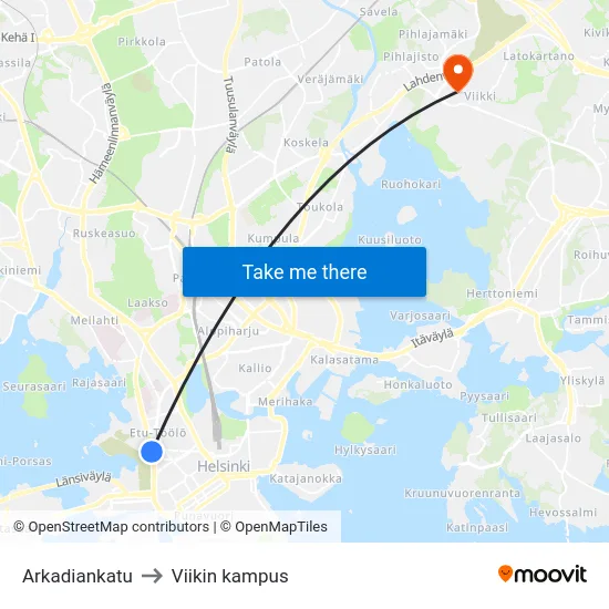 Arkadiankatu to Viikin kampus map