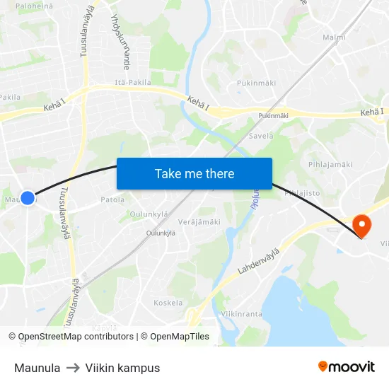 Maunula to Viikin kampus map
