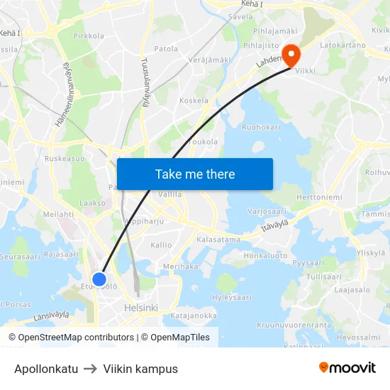 Apollonkatu to Viikin kampus map