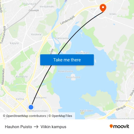 Hauhon Puisto to Viikin kampus map