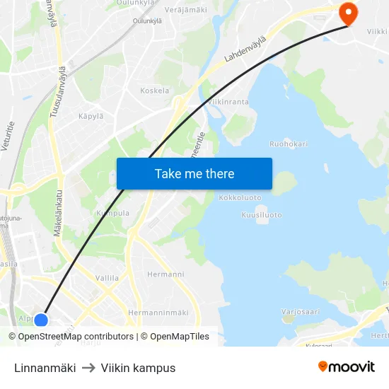 Linnanmäki to Viikin kampus map