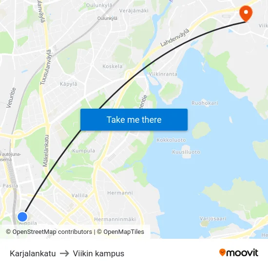 Karjalankatu to Viikin kampus map