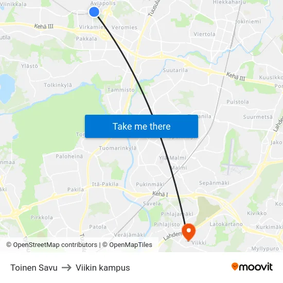 Toinen Savu to Viikin kampus map
