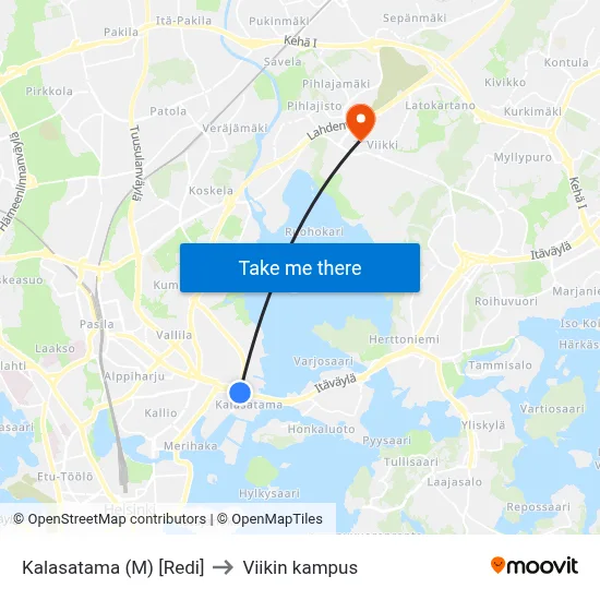 Kalasatama (M) [Redi] to Viikki Campus map