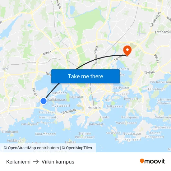 Keilaniemi to Viikin kampus map