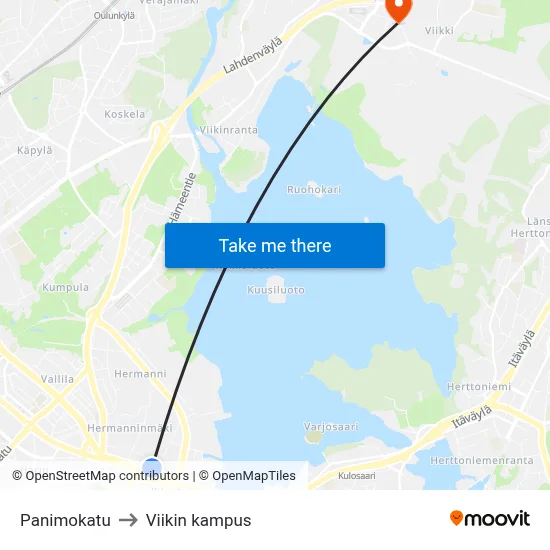Panimokatu to Viikki Campus map