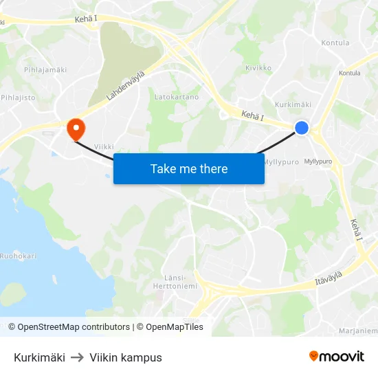 Kurkimäki to Viikin kampus map