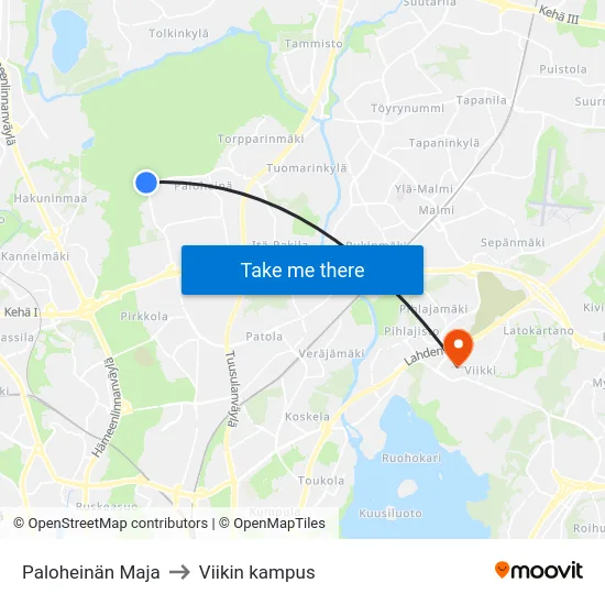 Paloheinän Maja to Viikin kampus map