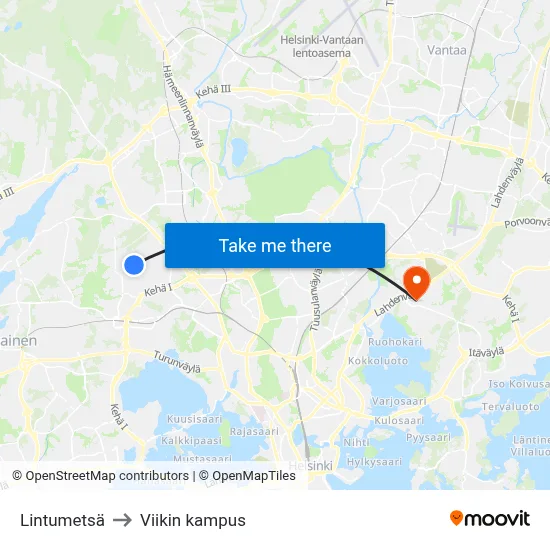 Lintumetsä to Viikin kampus map