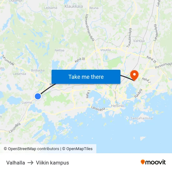 Valhalla to Viikin kampus map