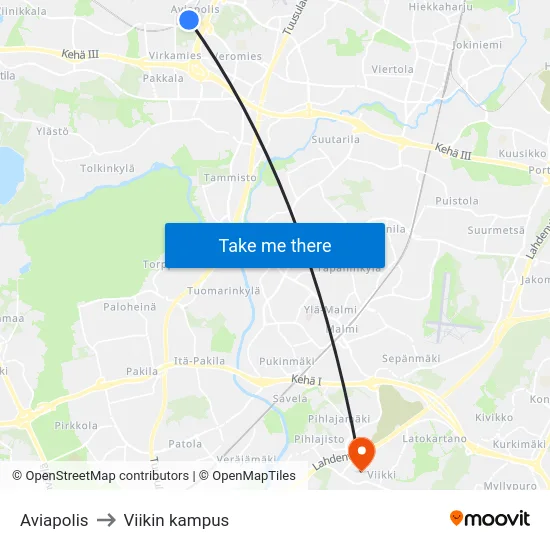 Aviapolis to Viikin kampus map