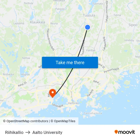 Riihikallio to Aalto University map