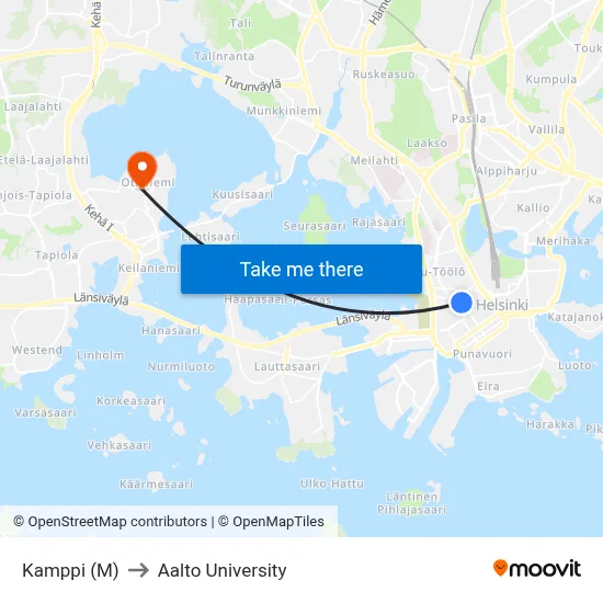 Kamppi (M) to Aalto University map