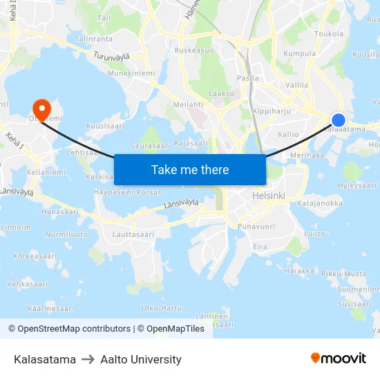 Kalasatama to Aalto University map