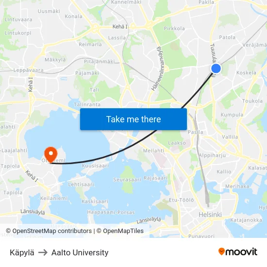 Käpylä to Aalto University map