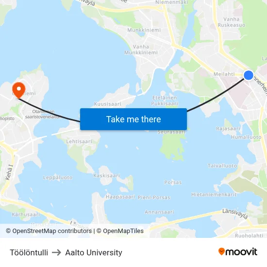 Töölö Toll to Aalto University map