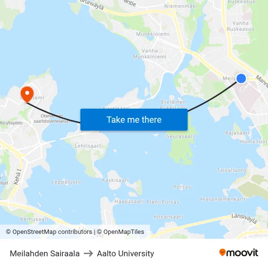 Meilahden Sairaala to Aalto University map