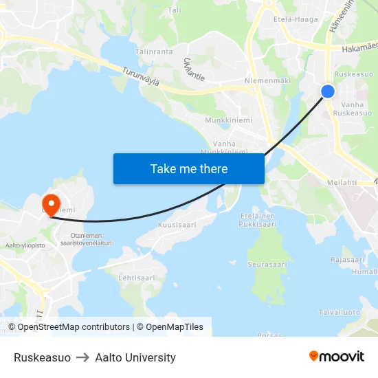 Ruskeasuo to Aalto University map