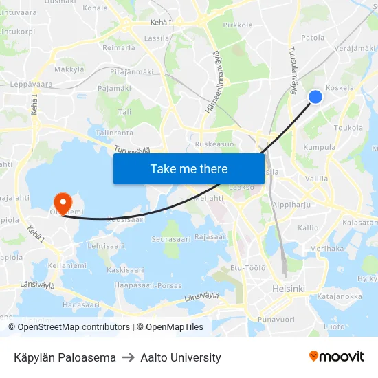 Käpylä Fire Station to Aalto University map