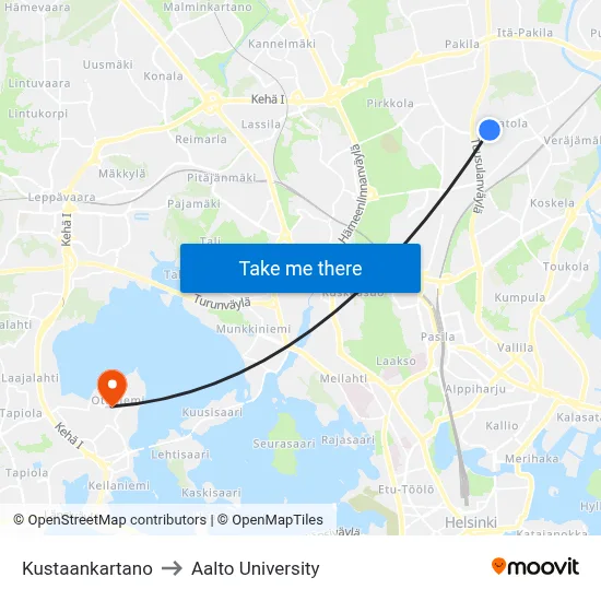 Kustaankartano to Aalto University map