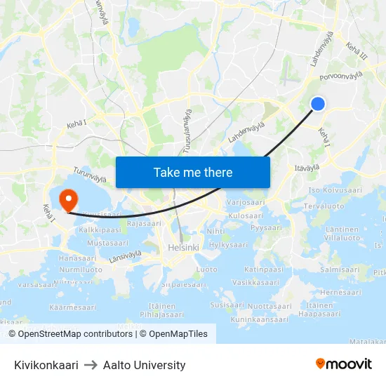 Kivikonkaari to Aalto University map