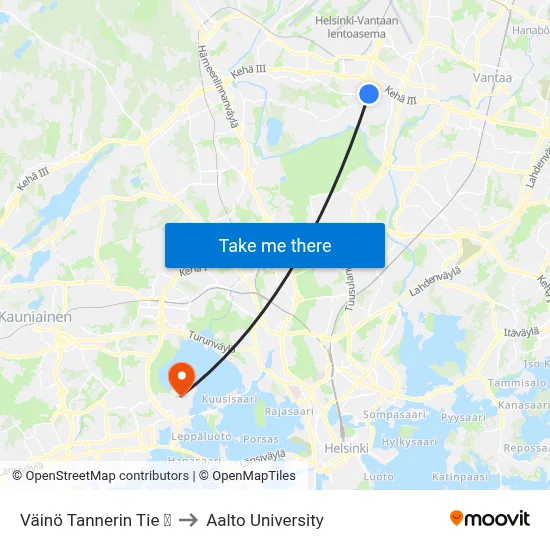 Väinö Tannerin Tie 🛍️🟧 to Aalto University map