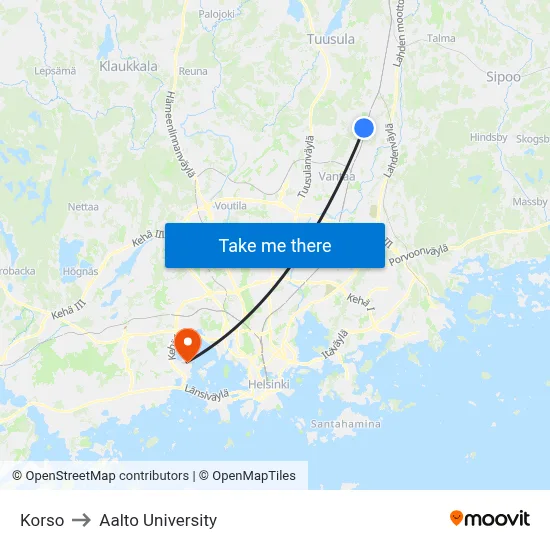 Korso to Aalto University map