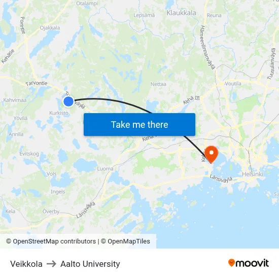 Veikkola to Aalto University map