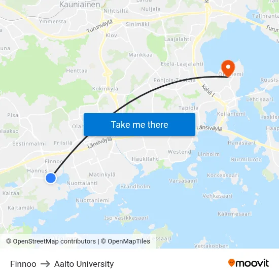 Finnoo to Aalto University map