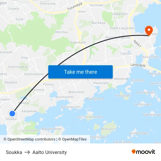 Soukka to Aalto University map