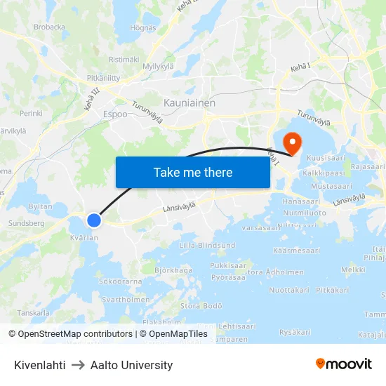 Kivenlahti to Aalto University map