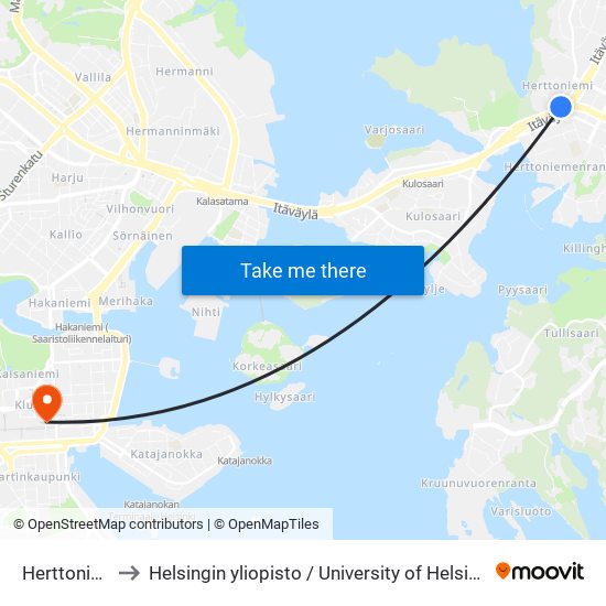 Herttoniemi (M) to Helsingin yliopisto / University of Helsinki (Helsingin yliopisto) map
