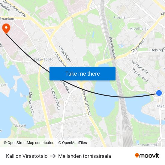 Kallion Virastotalo to Meilahden tornisairaala map