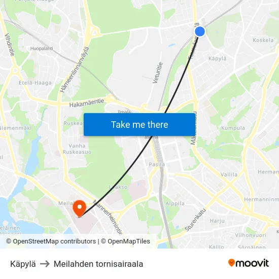 Käpylä to Meilahden tornisairaala map
