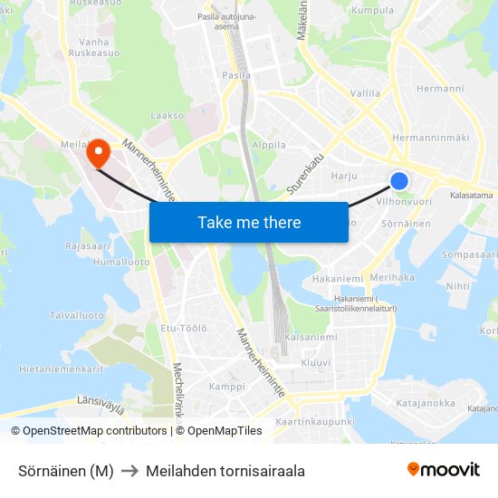 Sörnäinen (M) to Meilahden tornisairaala map