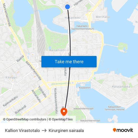 Kallion Virastotalo to Kirurginen sairaala map