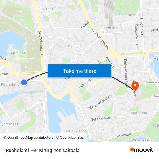 Ruoholahti to Kirurginen sairaala map