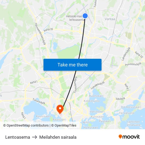 Lentoasema to Meilahden sairaala map