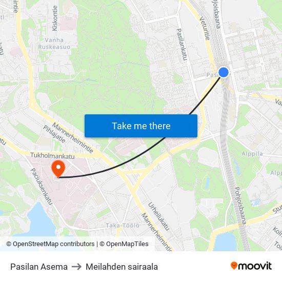 Pasilan Asema to Meilahden sairaala map